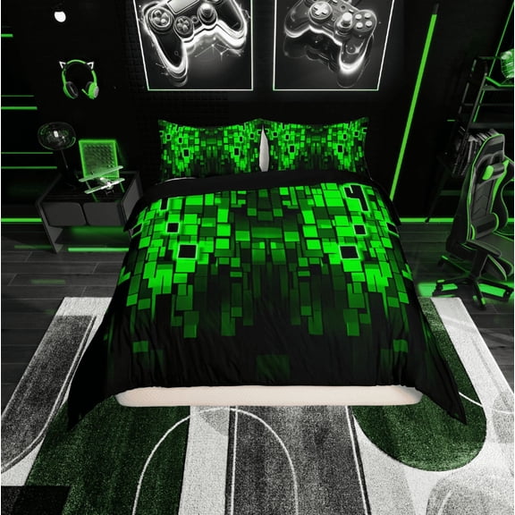 Erosebridal Futuristic Cubes Comforter Cover Twin,Black Green Bedding Twin Size,Geometric Plaid Duvet Cover Twin,Microfiber Teenager Bedroom Decor,Reversible,2-Piece(No Comforter)