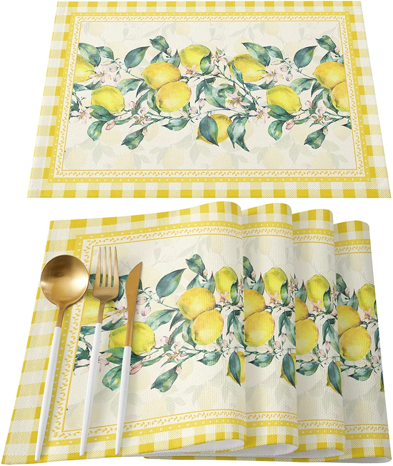 SPXUBZ Placemats, Yellow and White Plaid Summer Lemon Blossom 18x12
