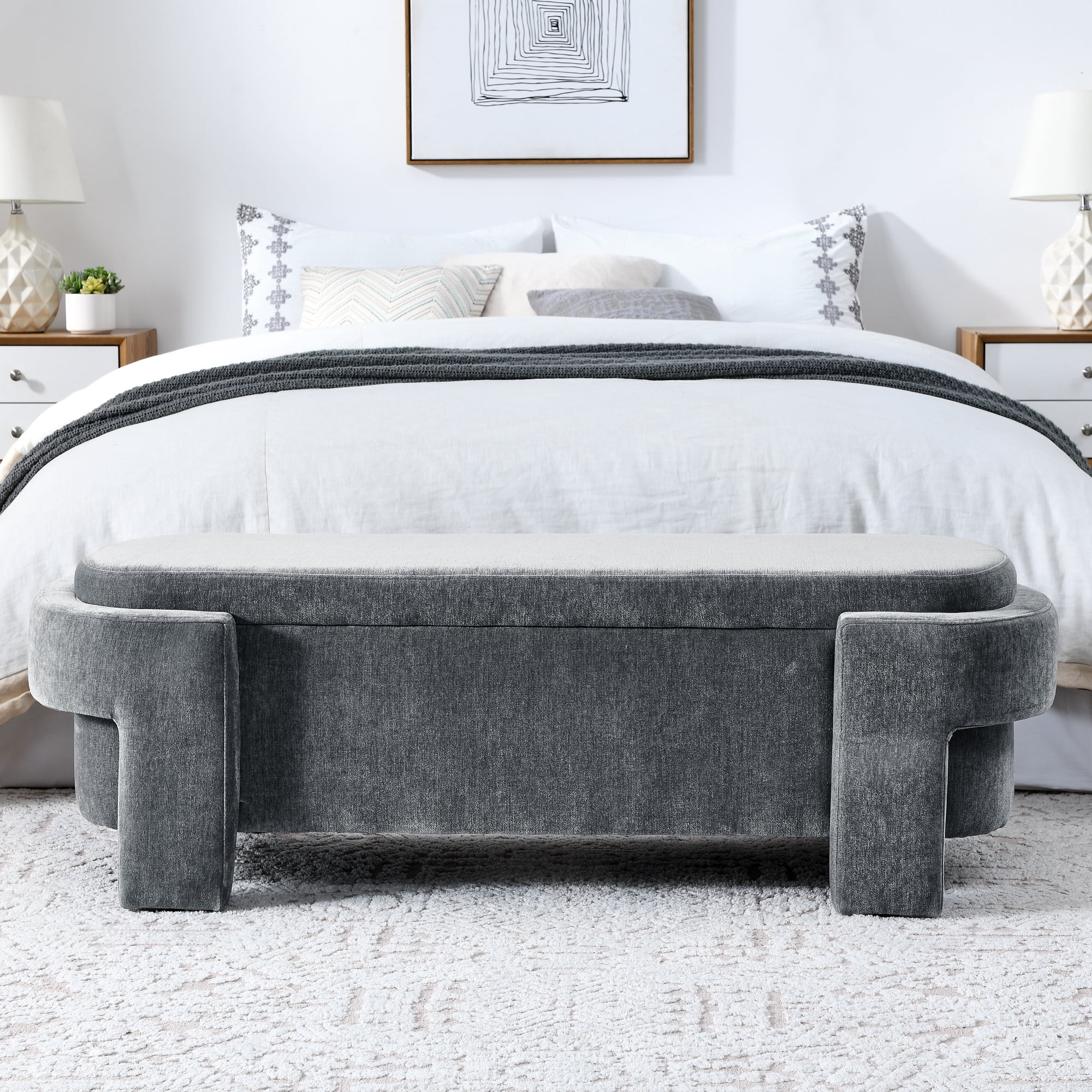 BSHTI Linen Fabric Upholstered Bench with Large Storage Space for the Living Room, Entryway and Bedroom,Dark Gray