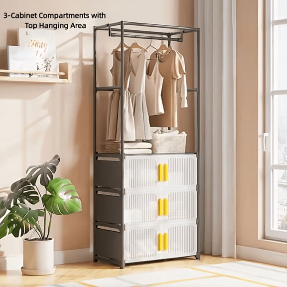 Folding Plastic Storage Wardrobe with Hanging Rod, Modular Closet Organizer with 3/4 Cabinet Compartments, Open Clothes Rack for Bedroom Garment Storage