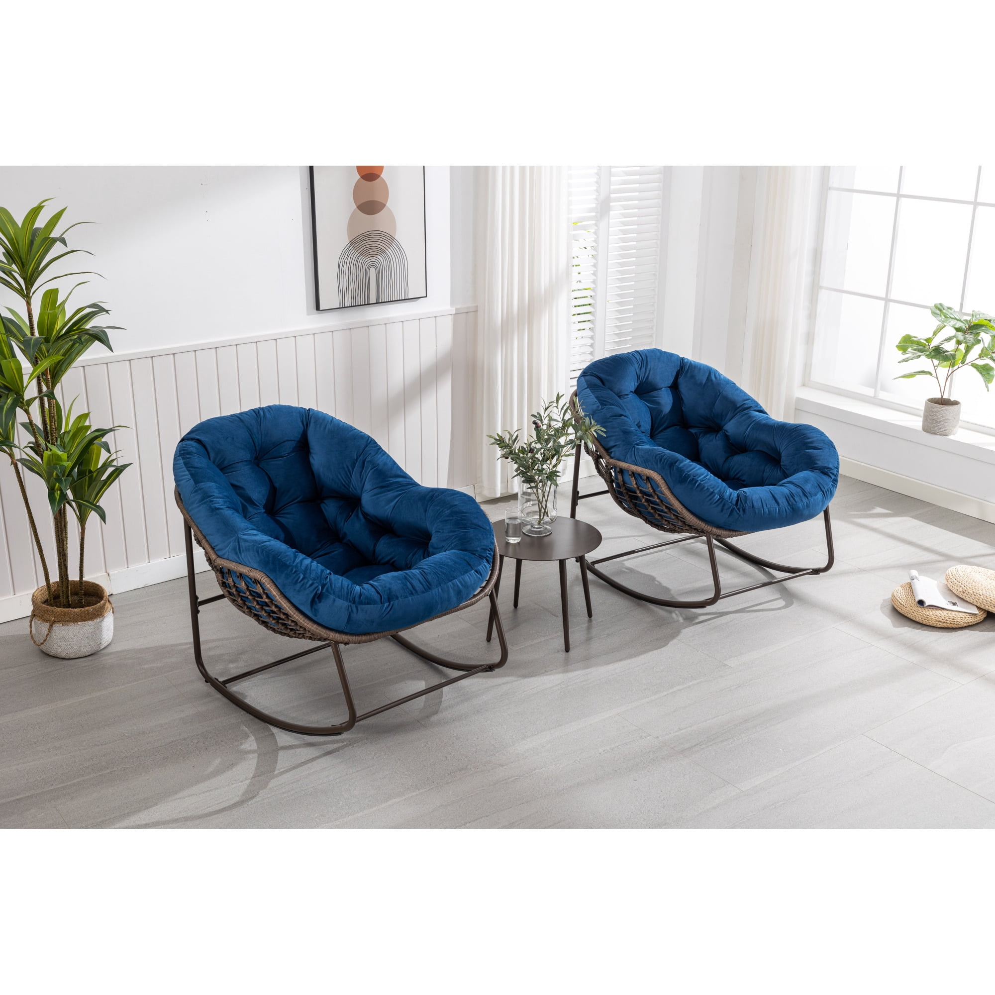 Leumius Outdoor Rattan Rocking Chair, Padded Cushion Rocker Recliner Chair Outdoor for Front Porch Living Room Patio Garden, Navy Blue