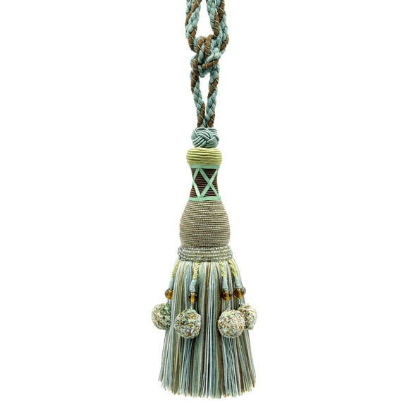 Marrakesh Collection Tassel Tieback with Beaded Poms, Tassel Length 10" (25cm), 30" Spread (76cm) (Style# TBRW10), Lakeside Green #VL12 (Olive Green, Chocolate Brown, Turquoise Blue) Set of 2