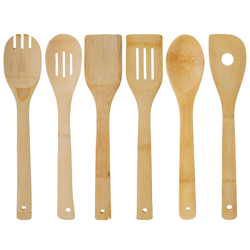 Bamboo Wooden Cooking Turner Utensil 6Pcs Set Spoon Spatula Holder Kitchen Tools