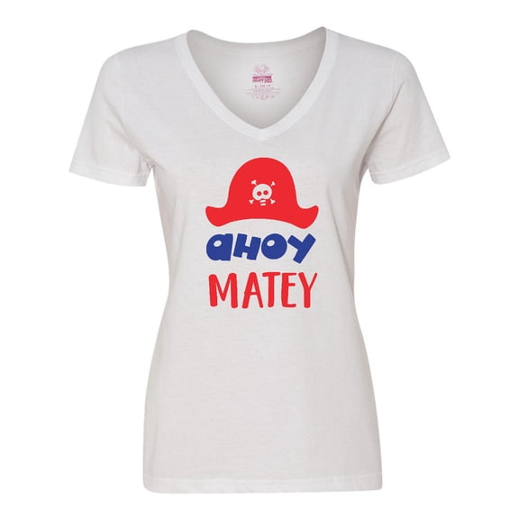 Inktastic Ahoy Matey, Pirate Hat, Skull and Bones - Red Blue Women's V-Neck T-Shirt