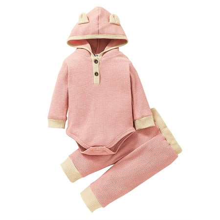 

elfinBE Newborn Unisex Baby Waffle Spliced Solid Hooded Romper And Elastic Pants Two-pieces Outfits Set 0-18M