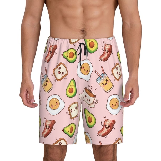 Balery Breakfast Pantalones cortos de pijama de punto de algodón para hombre con cinturilla y bolsillos-X-Large