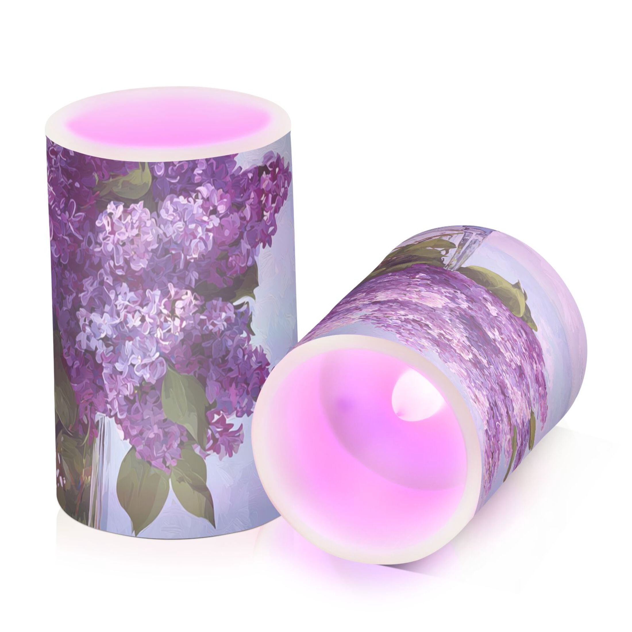 Large Bouquet Of Lilac in Glass Vase Flickering Flameless Candles Battery Operated with Remote Timer LED Pillar Candles Set of 2