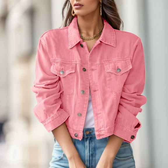 White Denim Jacket Women Clearance Long Sleeve Button Elegant Classic Jean Jacket Casual Stretch Jean Jacket Oversized Stylish Basic Denim Jacket Pink M