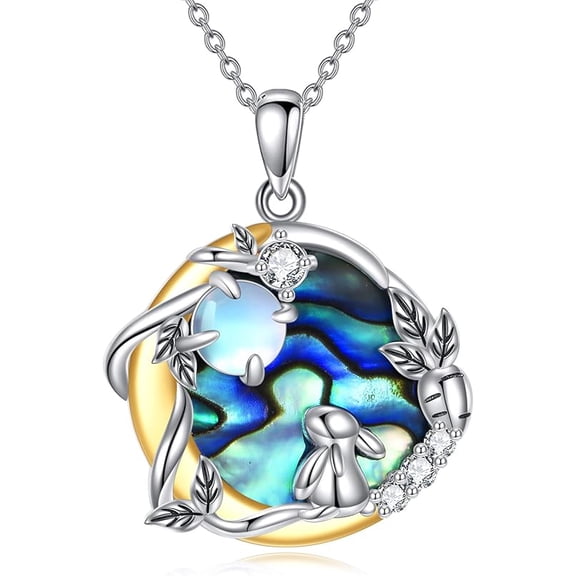 MYSTICPOEM Animal Necklace 925 Sterling Silver Bear/Bunny Necklace for Women Abalone/Moonstone Pendant Necklace Jewelry Gifts for Women