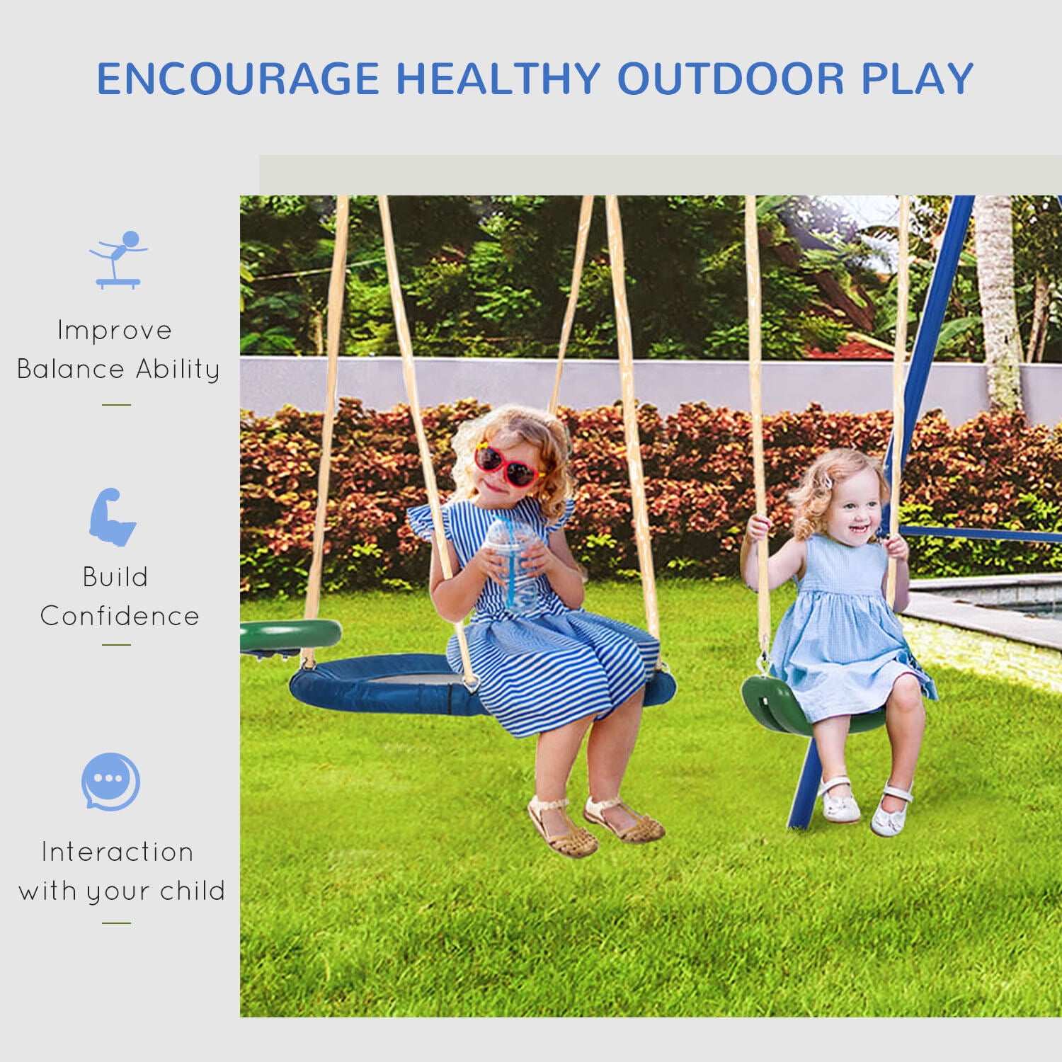 5-in-1 Heavy Duty Swing Set for Backyard, 616LB Capacity Outdoor Playset with Slide, Seesaw, Saucer Swing & Glider, Blue Steel A-Frame Kids Playset