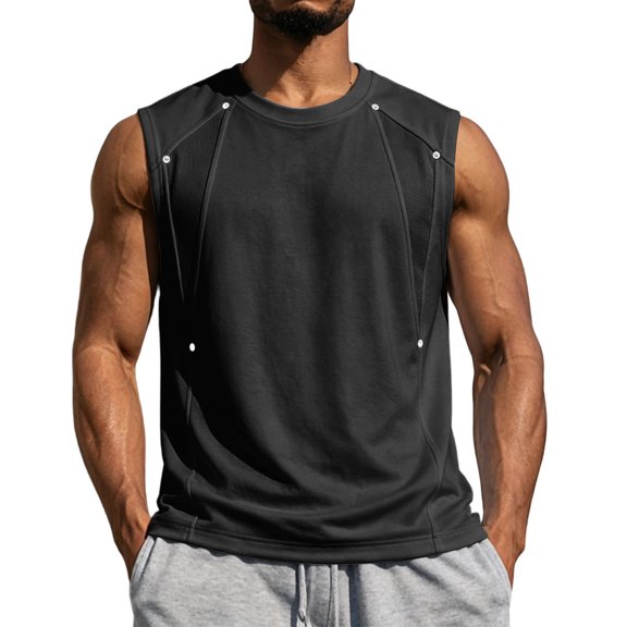 Lopecy-Sta Men Tank Tops Crew Neck Geometric Stitch Rivet Decor Sleeveless Streetwear Loose Casual Workout Shirts