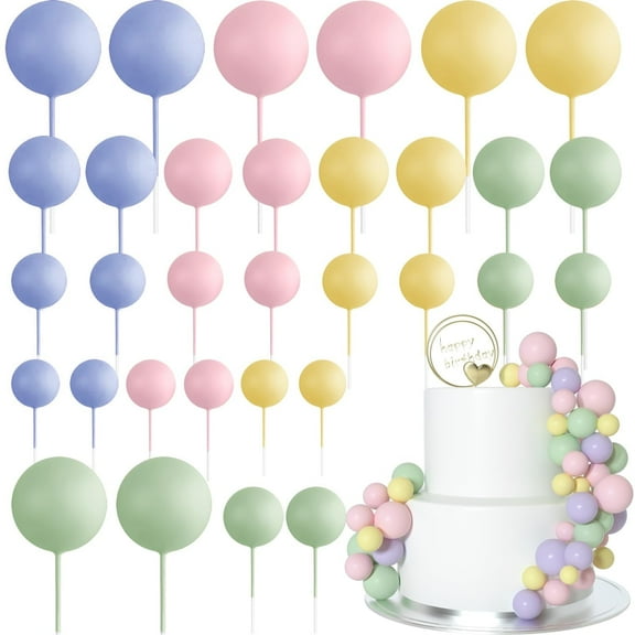 Pink Ball Cake Topper, 32 Pcs Foam & Wire Decorations, Mini Balloons Cake Topper Sticks, 4 Colors/Sizes for Wedding Party Birthday Cake Decorating