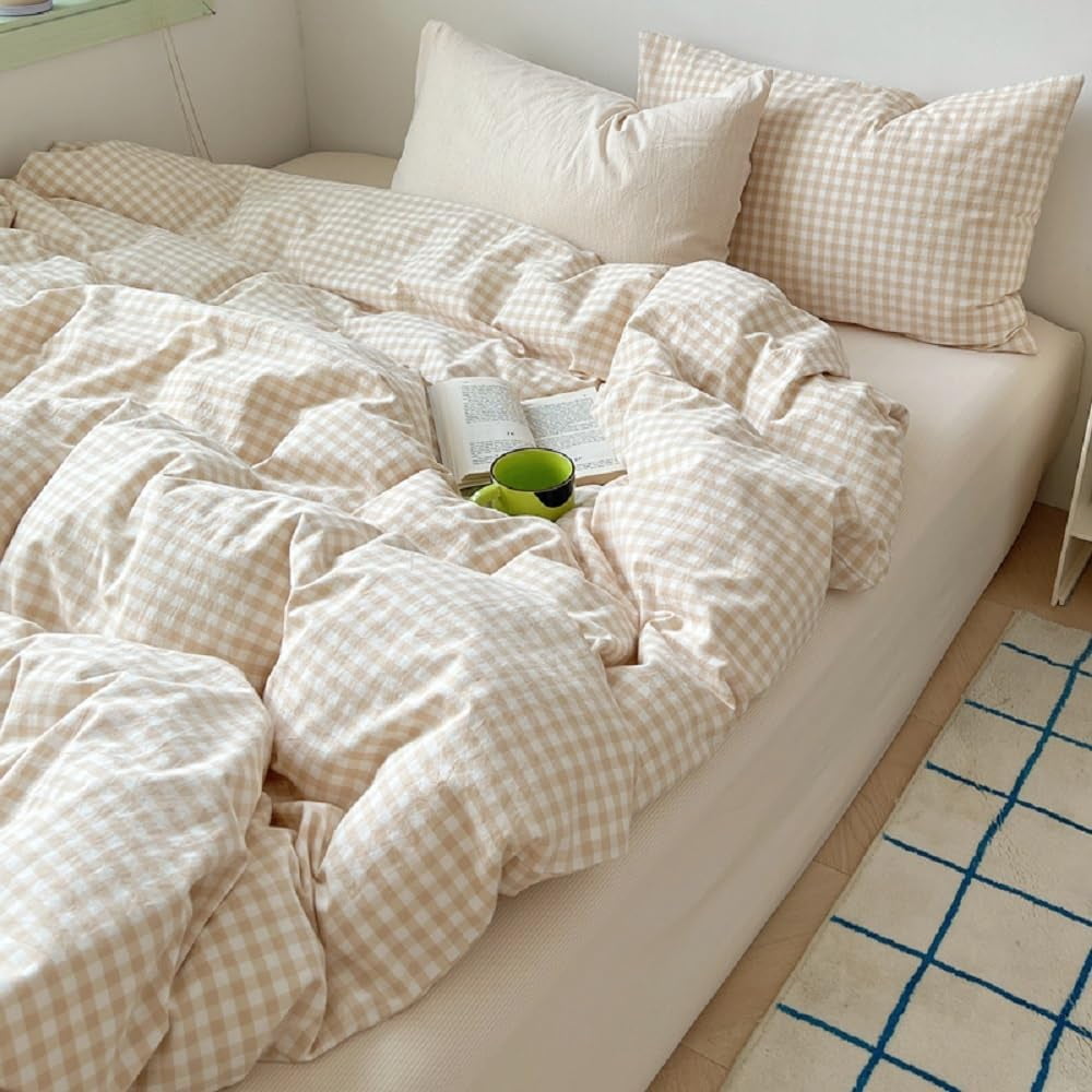 JOLUSERE Soft Beige White Plaid Comforter Twin Sets, 2 Pieces Breathable Plaid Buffalo Checkered Comforter for All Season