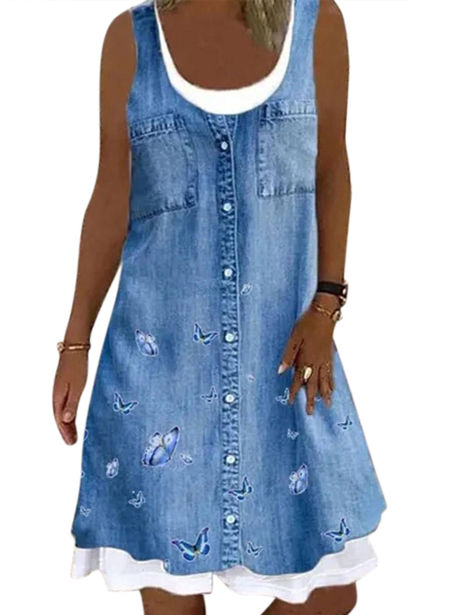 DYMADE Women Imitation Denim Sleeveless Dress - Walmart.com