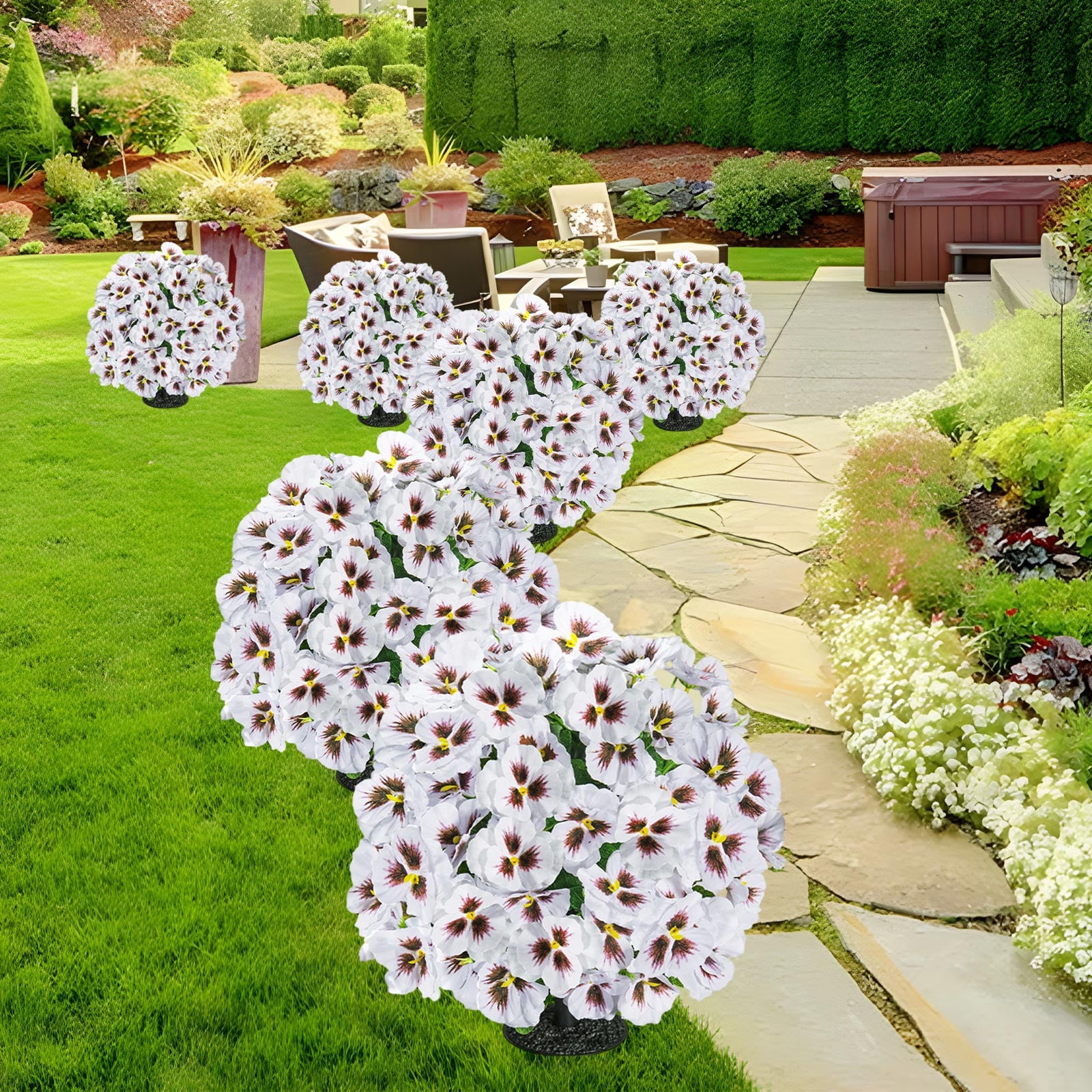 Taotanxi 15.7" Artificial Boxwood Topiary Ball with Flowers Plants with Ground Spikes for Outdoor UV Resistant Realistic Fake Bushes Plants for Garden Yard Front Porch Patio Decor (White)