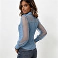 thumbnail image 6 of KLHDSF Denim Shirt Women Button Down Mesh Long Sleeve Jean Shirts Chambray Pearl Snap Shirt, Trendy Spliced Jean Tops, Chest Pockets, Daily Wear Light Blue L, 6 of 7