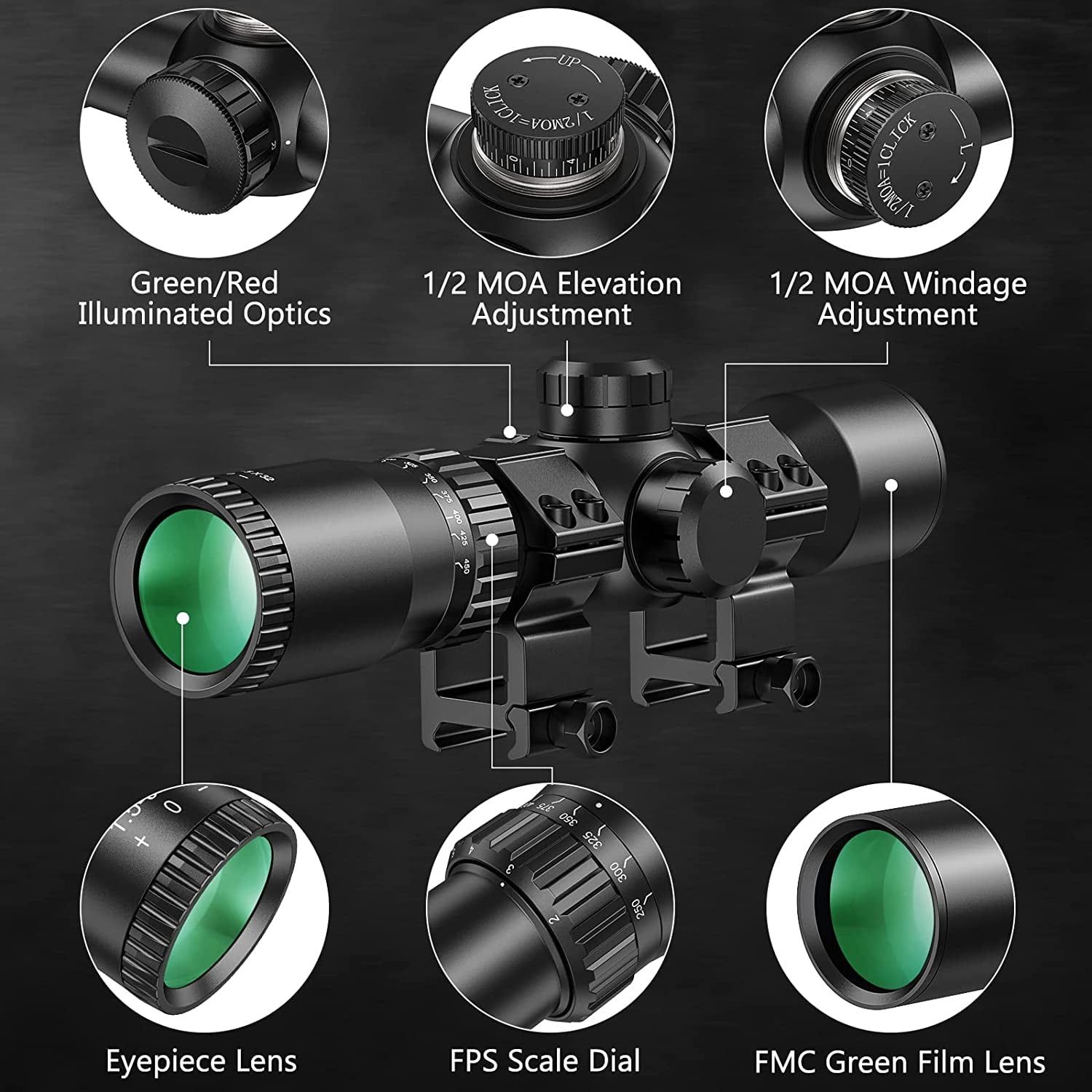 CVLIFE 1.5-5x32 Scope, 20-100 Yards Ballistic Reticle, Red Green Illuminated for Hunting Crossbow