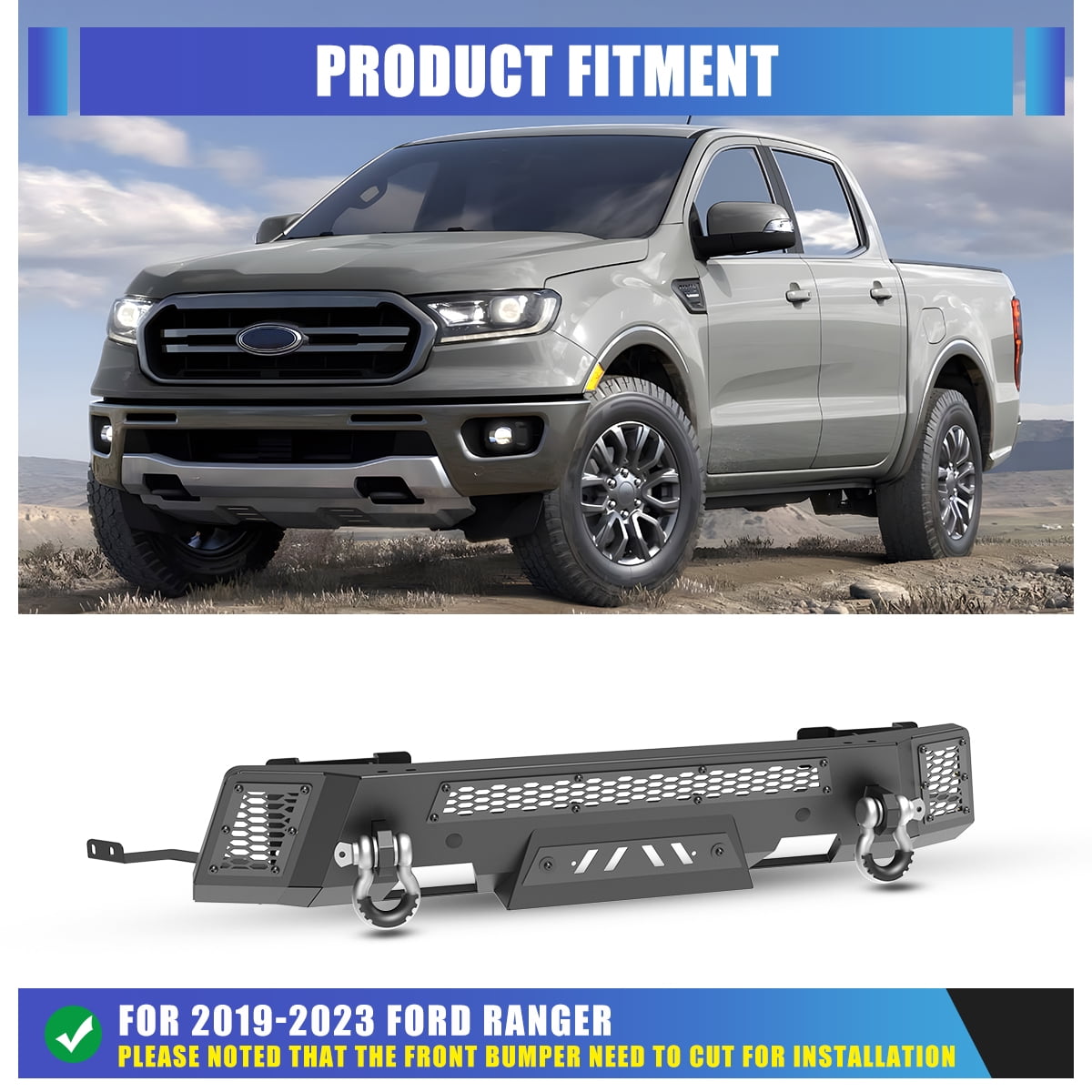Heavy Duty Steel Front Bumper for Ford Ranger 2019 2020 2021 2022 2023,Black Powder Coated Front Bumper