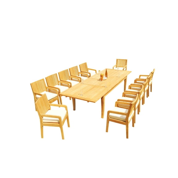 Grade-A Teak Dining Set: 12 Seater 13 Pc: 122" Atnas Rectangle Table And 12 Maldives Arm Chairs Outdoor Patio WholesaleTeak #51ML2813