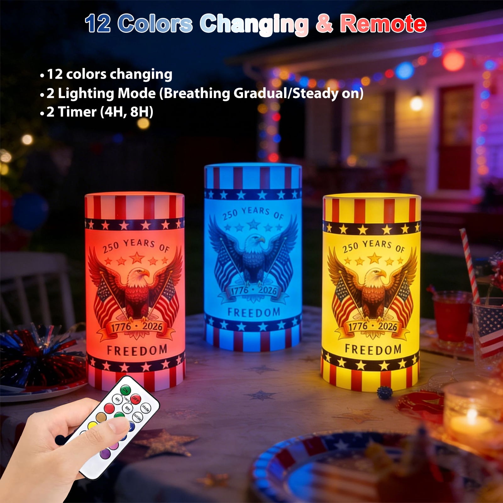 4th of July Flameless Candles, 12 Colors Changing Eagle Flag 250th Anniversary LED Candles with Remote & Timer, Flickering Patriotic Pillar Candles Battery Operated for Home Independence Day Decor