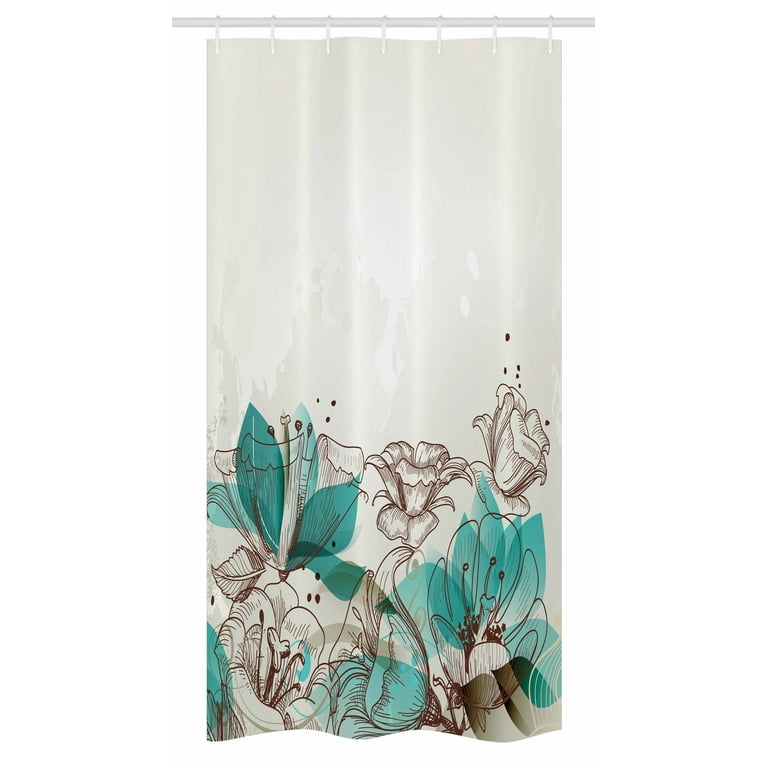 Turquoise Stall Shower Curtain, Retro Floral Background with Hibiscus Silhouettes Dramatic Romantic Nature Art, Fabric Bathroom Set with Hooks, 36W x