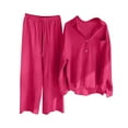 thumbnail image 2 of Roncen Women's Solid Two-Piece Set - Single-Breasted Long Sleeve Shirt with Collar & Loose Fit Casual Trousers, Comfortable and Stylish Outfit, 2 of 5
