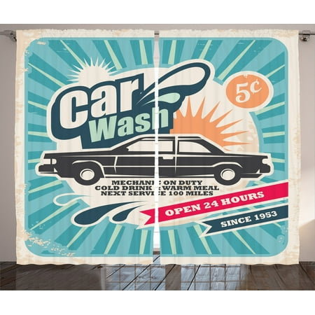 - 1950S Decor Curtains 2 Panels Set, Retro Car Wash Auto Service Repair Poster Style Art In Vintage Color Classic Design Print, Living Room Bedroom Accessories, By Ambesonne