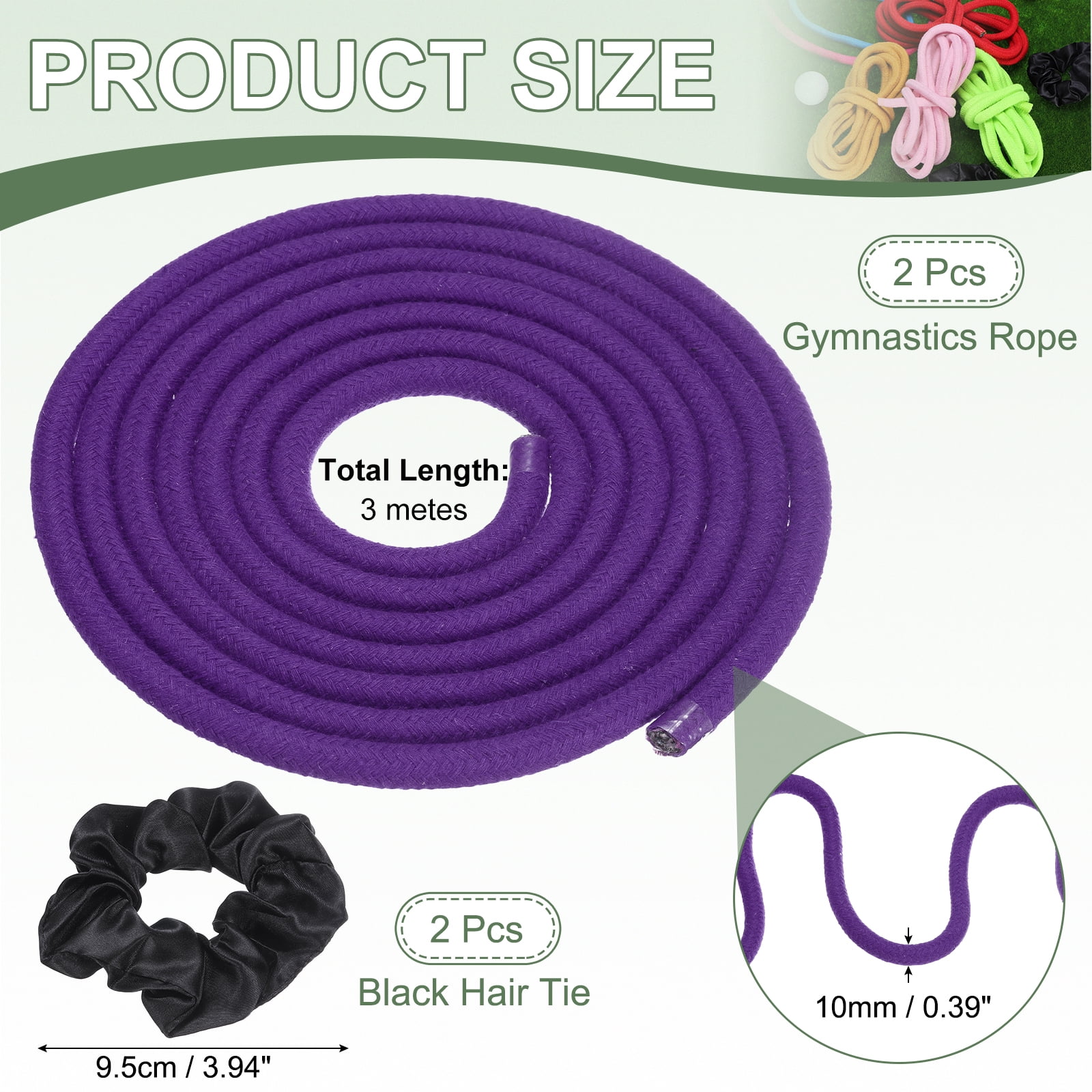 Gymnastics Rope, Exercise Fitness Aerobic Gymnastic Skipping, Rhythmic Gymnastics Arts Rope with Hair Tie 3 Meters& 2Pcs & Purple- Fit for (Fitness/Outdoor Activities/Yoga)