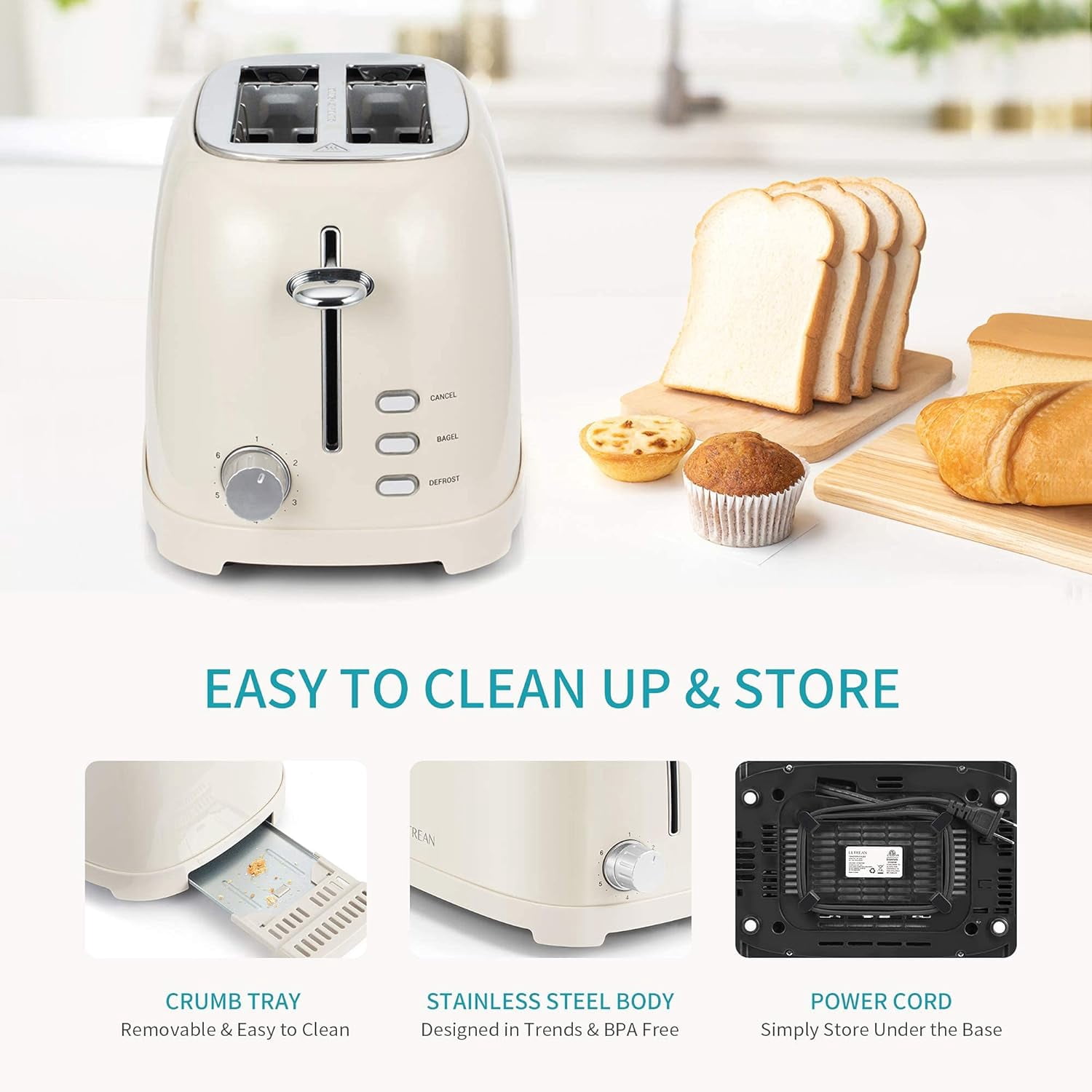 Ultrean 2 Slice Toaster with Extra Wide Slot, Retro Stainless Steel Toaster, Small Cute Toaster with Removable Crumb Tray, 6 Browning Settings, Cancel, Bagel, Deforest Functions, 825 W, White Cream