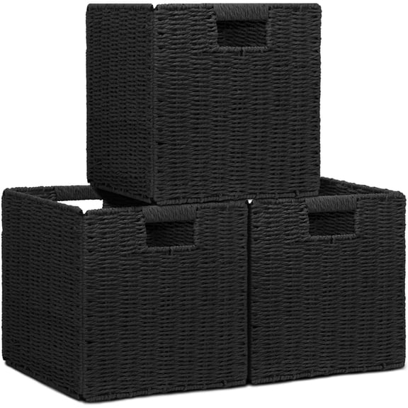 Wicker Storage Baskets 3 Pack Black 11 Inch Foldable Organizer Bins