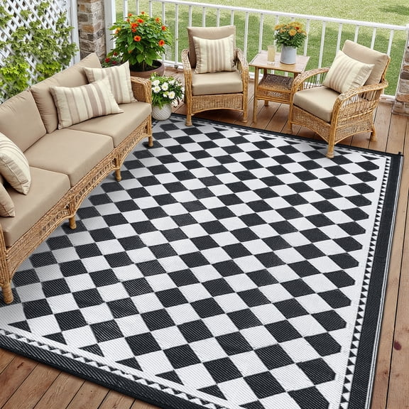 BERTHMEER 8'x10' Large Outdoor Rugs Waterproof Plastic Rugs Checkered Patio Rugs Straw Rugs Camping Rugs, Porch,Deck Rugs, RV Rugs for outside, Black & White