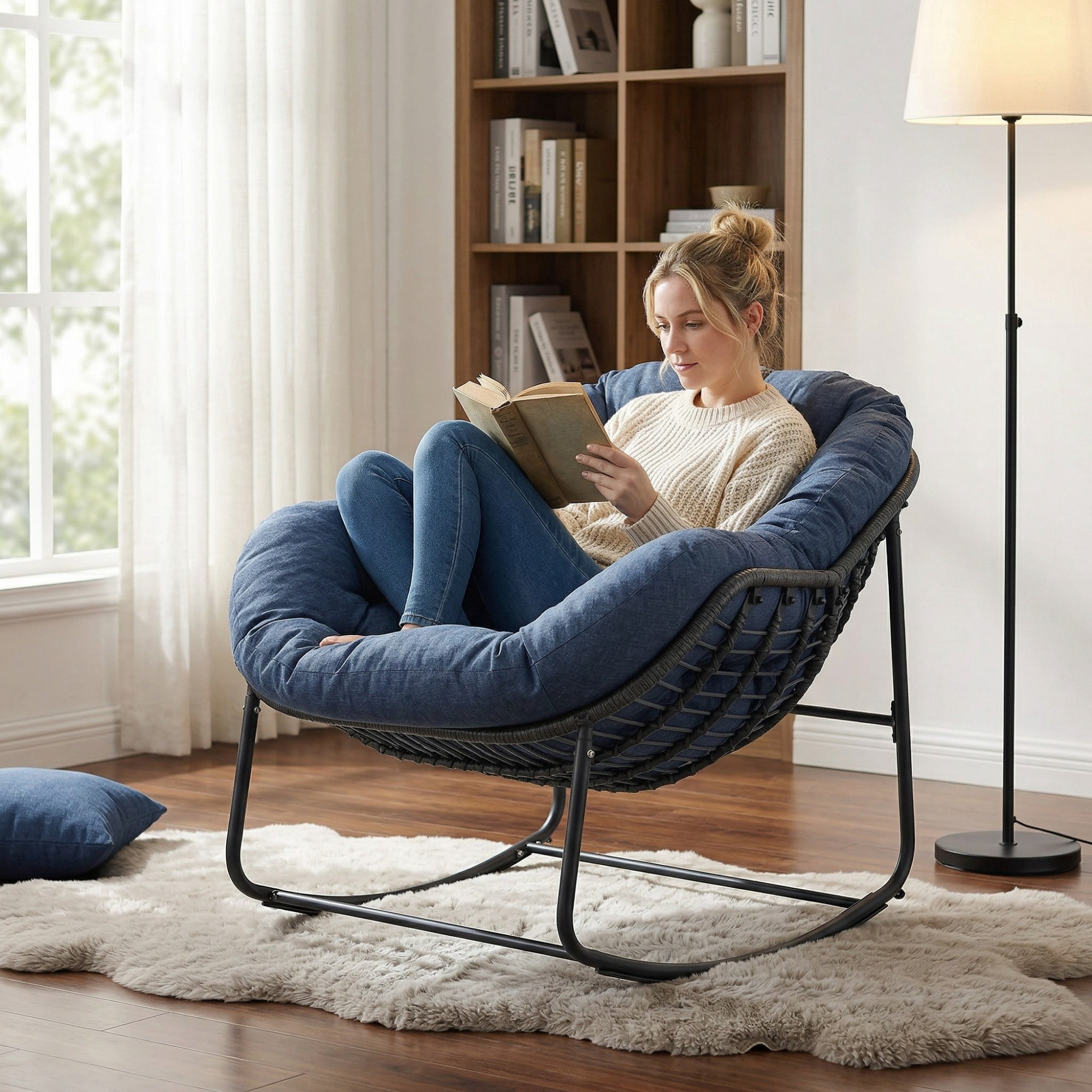 Outdoor Papasan Rocking Chair, Oversized Egg Rocking Chair with Cushion, Wicker Rattan Patio Rocker, Indoor Outdoor Lounge Chair for Porch Garden Living Room, Navy Blue