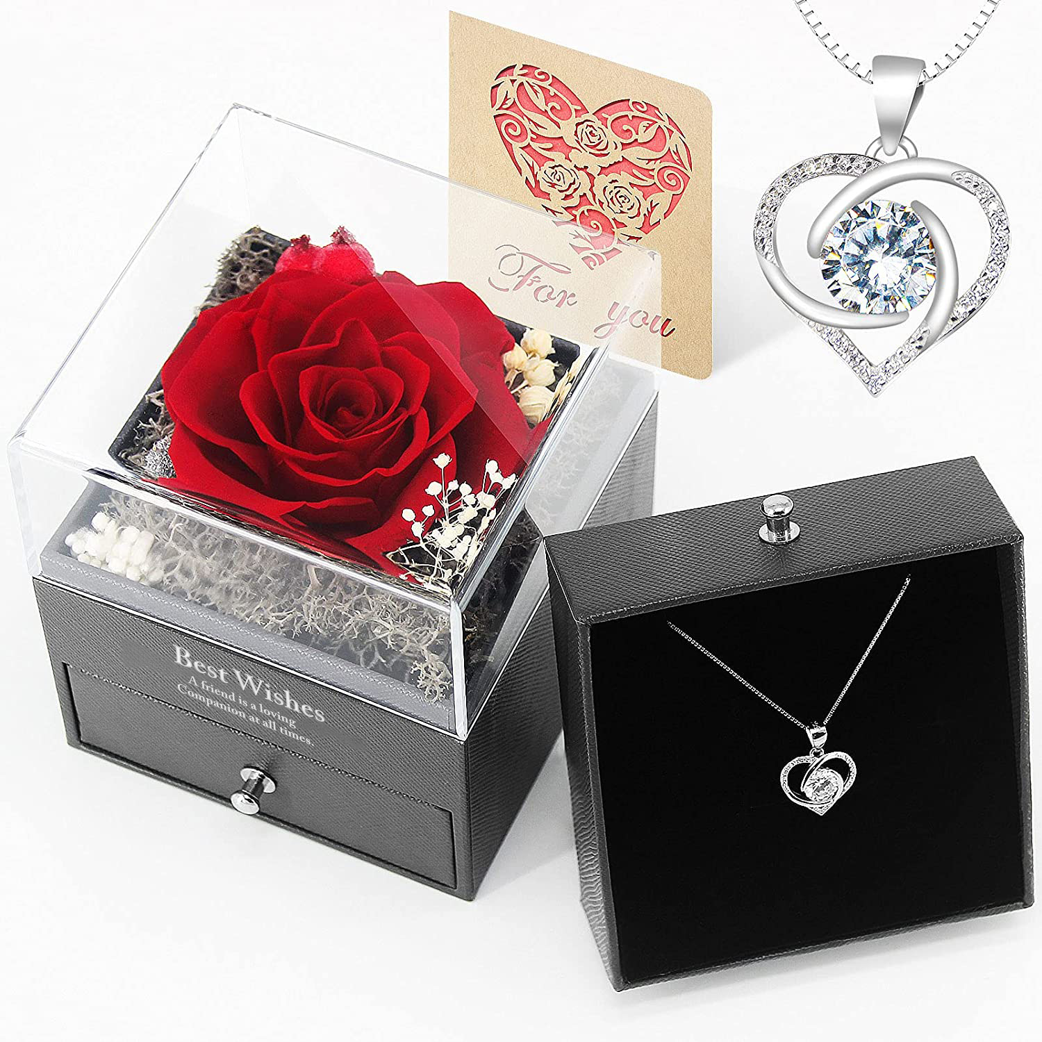 Rose Gift For Women Preserved Real Rose with Flower Silver Heart Necklace  for Thanksgiving Holder Preserved Red Rose Jewelry Gift Box for