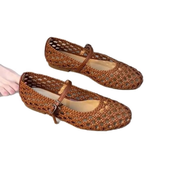 Hollow Woven Mary Jane Ballet Flats for Women with Adjustable Buckle, Comfortable Dressy Flat Shoes