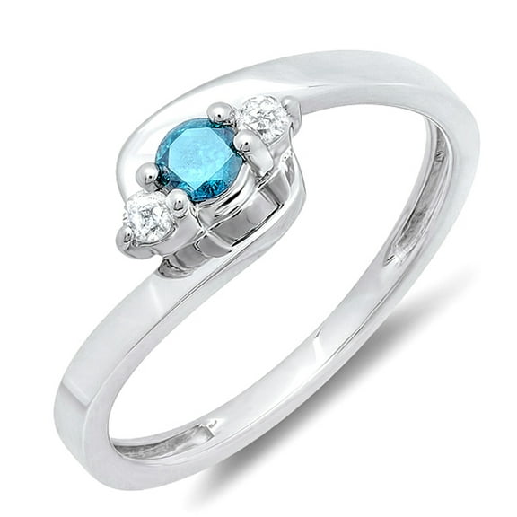 0.25 Carat (ctw) Sterling Silver Round Blue & White Diamond Ladies 3 Stone Bridal Promise Ring 1/4 CT