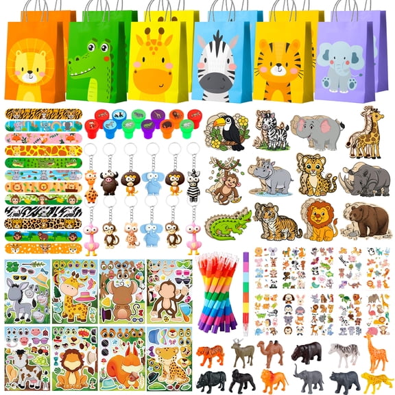 108Pcs Animals Party Favors,  Animals Birthday Favors Set- Animals Goodie Bags Key Chains Stickers Diy Wooden Ornaments etc Animals Party Supplies for Animals Birthday Decorations