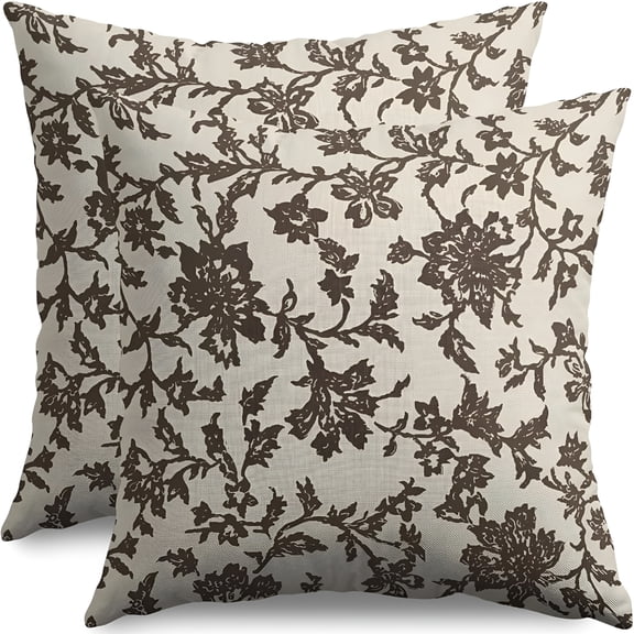 AUQ 2026 New Dark Brown Floral Block Print Pillow Covers 20X20 Set of 2 Rustic Old Style Modern Vintage Flower Pattern Cream Decorative Throw Pillow Cases Outdoor Farmhouse Decoration for Sofa Couch