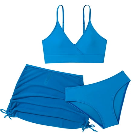 uikmnh Girls swim set Girls  3 Piece Plain Swimsuit Wrap Bikini with Ruched Cover Up Skirt Set Size:8-9 Years