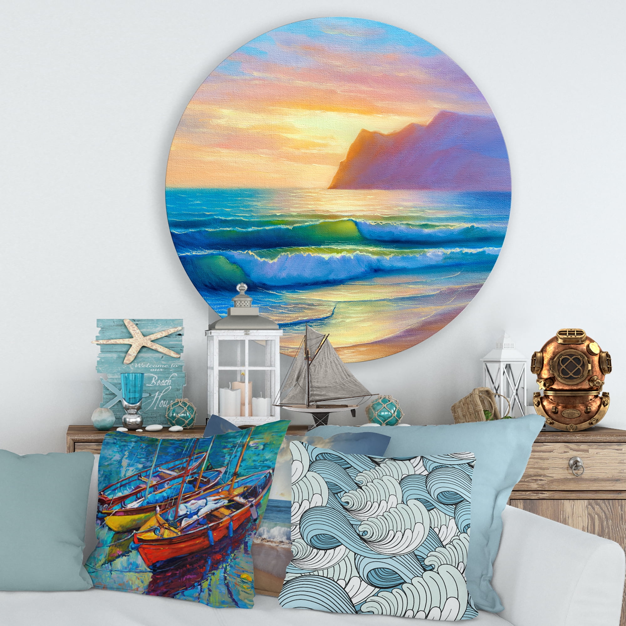 Designart 'Sunrise Glow On The Sea Waves IV' Nautical & Coastal Circle Metal Wall Art 36x36 - Disc of 36
