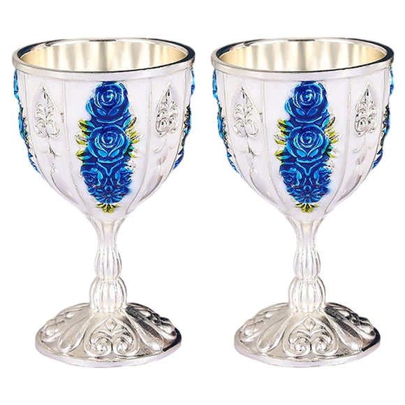 qczoyo Vintage Chalice Medieval Goblet: 2 Pcs Metal Embossed Wine Cup for Royal Wedding Anniversary, 30ml Retro Shot Glass Brass Gold, White