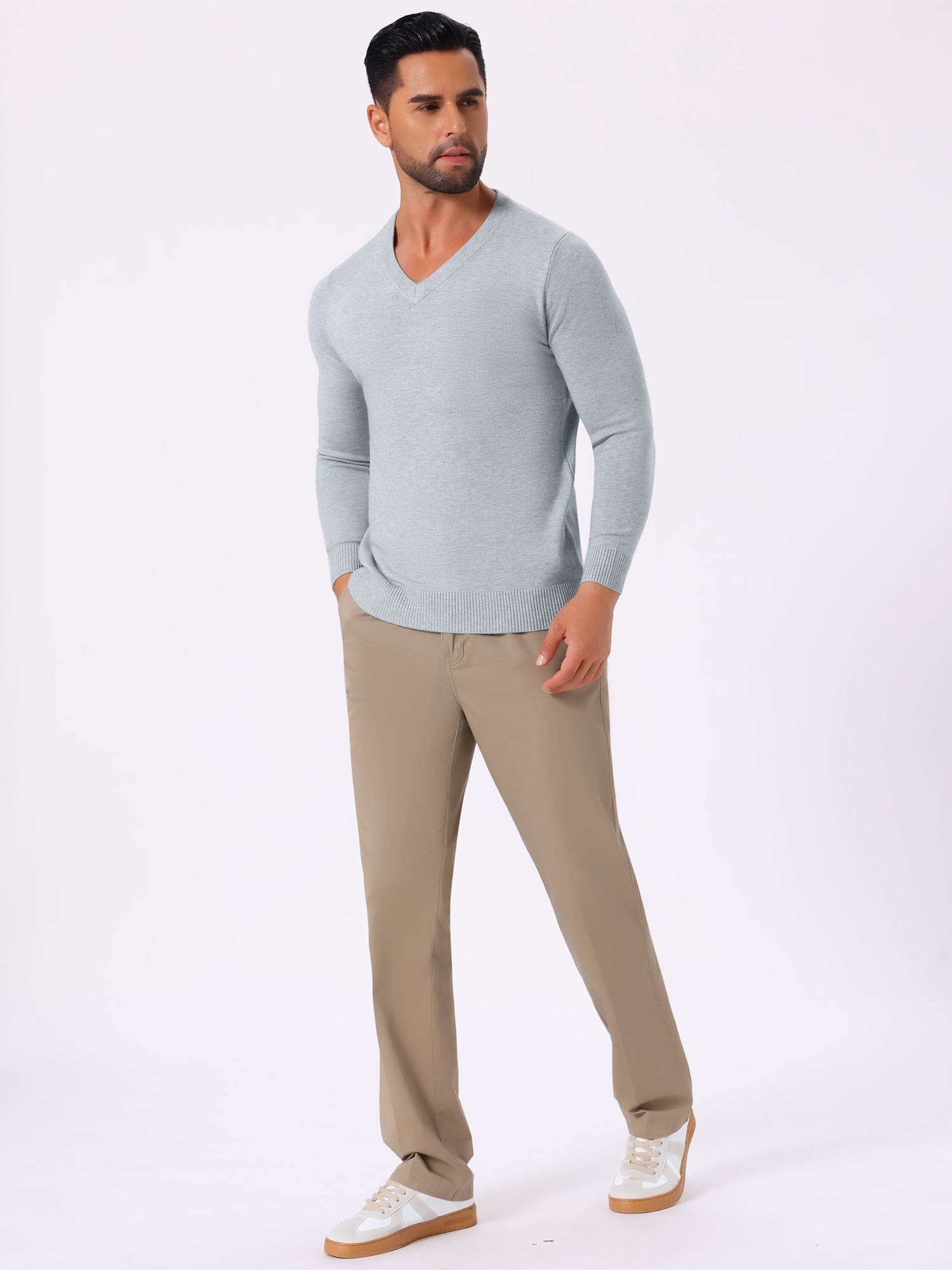 DARING DIVA Men's Long Sleeve V-Neck Solid Knitted Pullover Sweater XL Light Gray