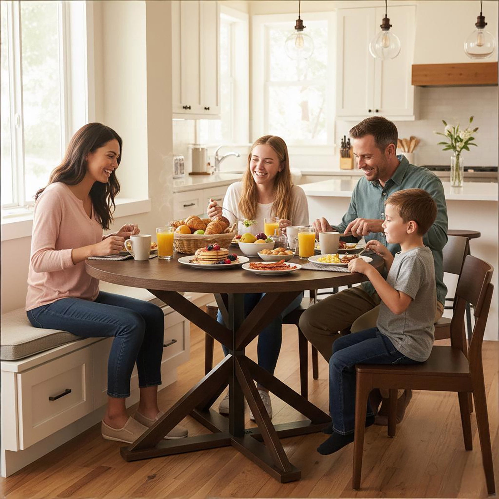47" Round Dining Table for 4 to 6 People, Modern Farmhouse Kitchen Table with Thickened Waterproof Top, Sturdy X-Base Pedestal Table for Small Spaces, Dining Room, Rustic Brown