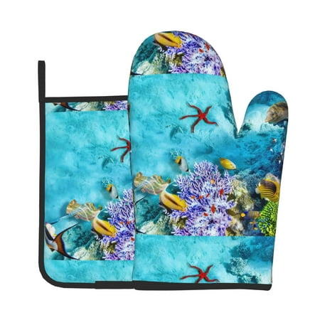 

Lukts Corals and Tropical Fish Print Kitchen Heat-Resistant Gloves and Spacers 2pcs Set Suitable for Baking and Cooking