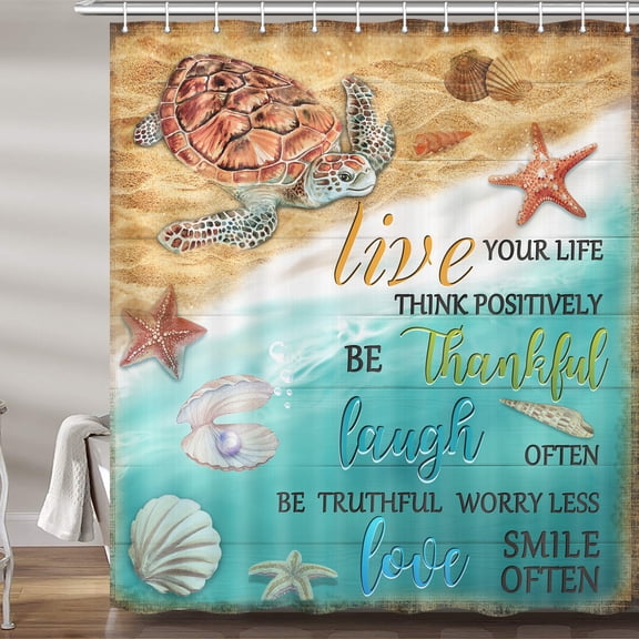 Sea Turtle Shower Curtain, Summer Ocean Beach Wooden Fabric Shower Curtains Set For Bathroom, Inspirational Quotes Restroom Decor Accessories With Hooks 72X 72 Inch