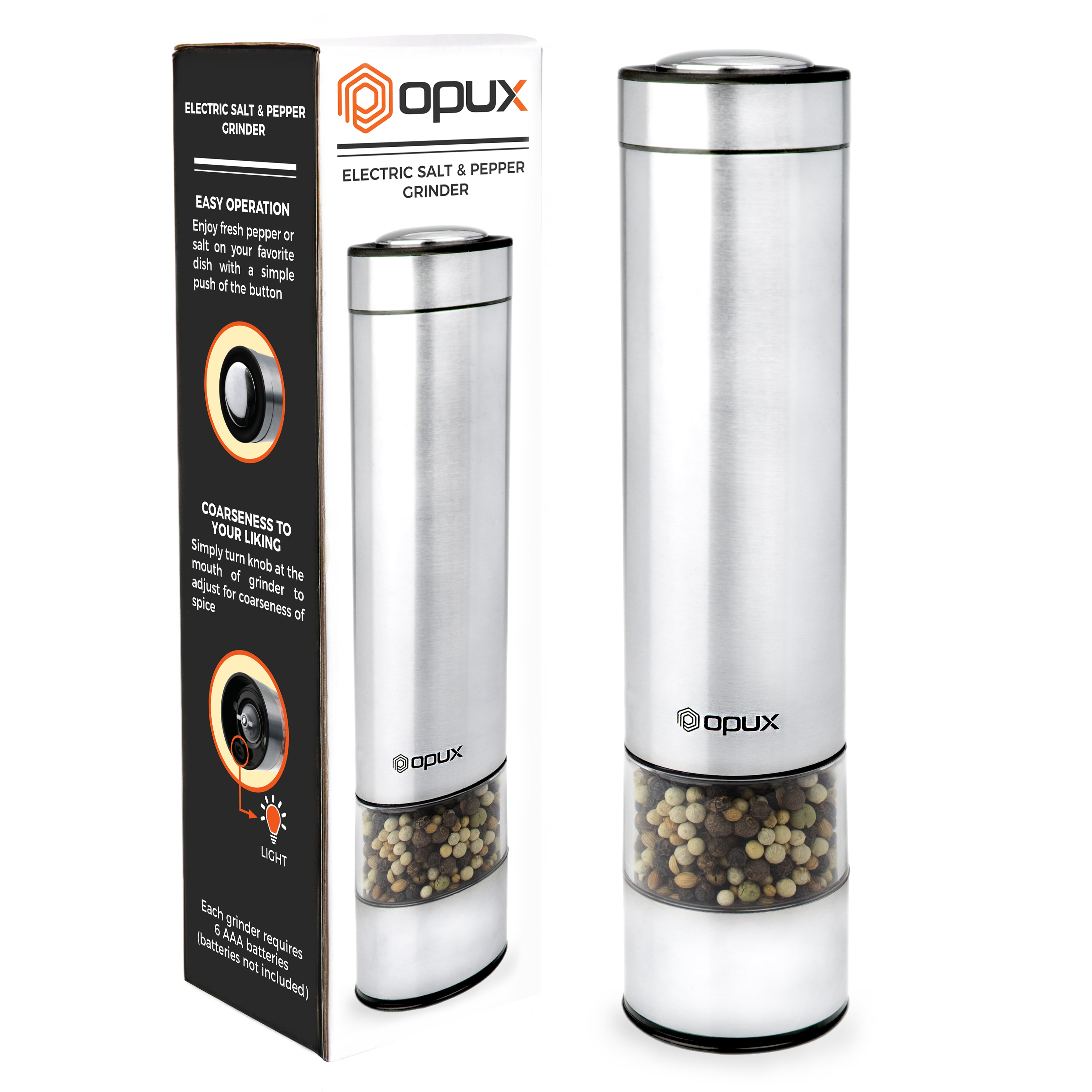 Stainless Steel Electronic Electric Salt & Pepper Mill Grinder with LED Light