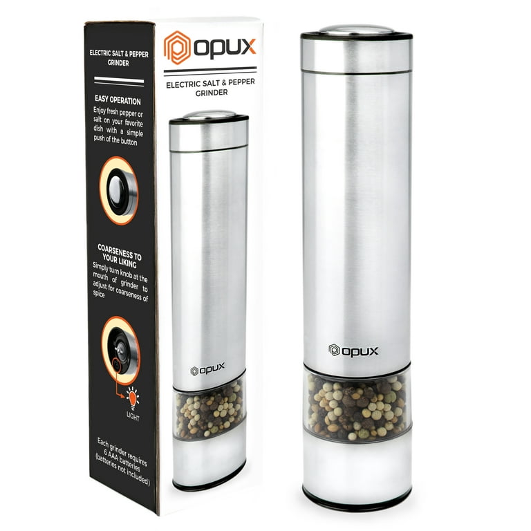 OPUX Battery-Operated Salt and Pepper Grinder with LED Light, Electric  Stainless Steel Salt Shaker, Tall Automatic Pepper Mill