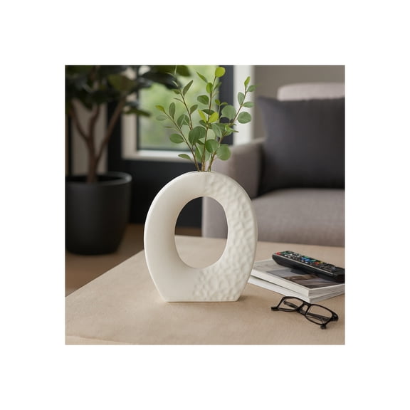 Sculpted Open Cut Out Ceramic Vase for Living Room Decor - Decorative Flower Vase for Bedroom, Home Accents, or Office Display - Ideal House Display for Shelf and Console Table - 10", White