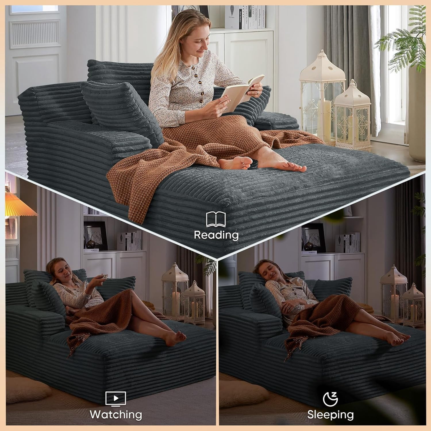 AENKYO 50" Chaise Lounge Sofa Bed with 3 Pillows, Convertible Sleeper Couch for Living Room, Bedroom & Small Spaces - Corduroy Upholstered Deep Seat Comfy Furniture - Dark Gray