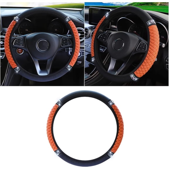 15 Inch Bling Rhinestone Leather Steering Wheel Cover, Orange Fall Car Interior Accessories, Soft Anti-Slip Universal Fit for Women