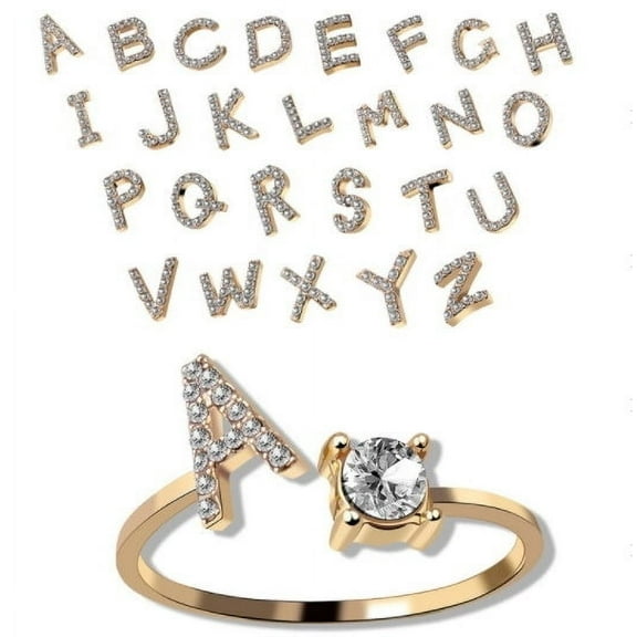 Adjustable Initial Letter Ring: Elegant Vintage Style Fashion Jewelry for Women with Zircon Accents, Alloy and Rhinestone, Perfect Gift